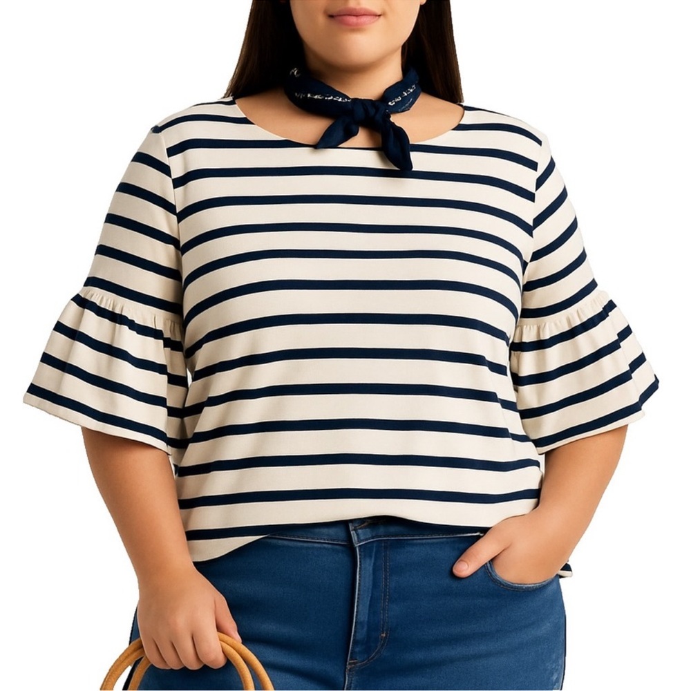 Cotton Striped Navy and Tan Women's Top